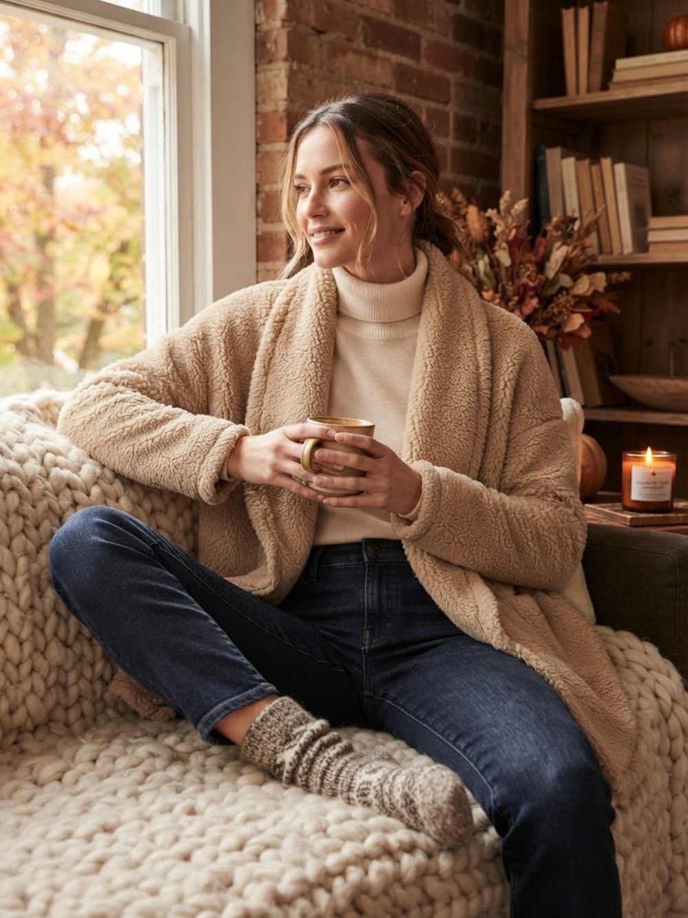 Lucky Brand Tan Sherpa Open-Front Teddy Jacket